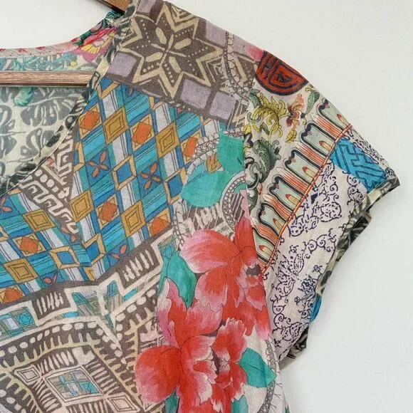 Johnny Was Tunic Top Womens Small Multicolor Boho Patchwork Floral Scalloped - Picture 4 of 9
